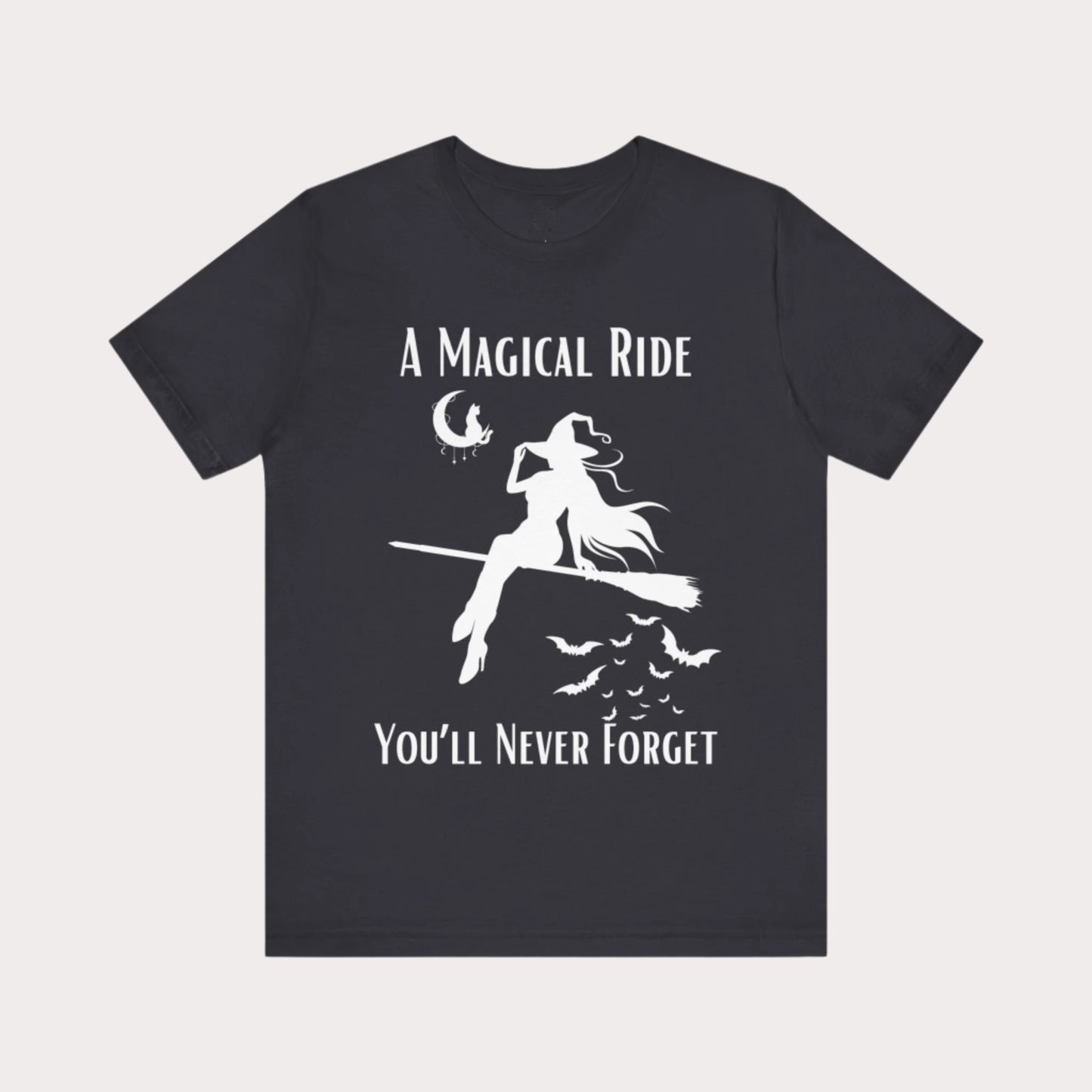 'A Magical Ride You'll Never Forget' Witch Flying Broom White Silhouette & Text Graphic T-Shirt