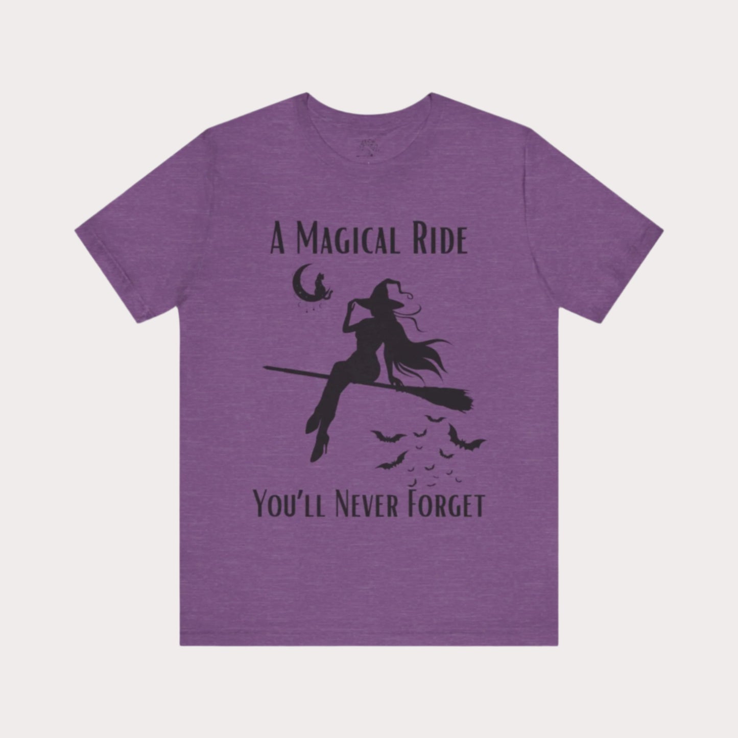 'A Magical Ride You'll Never Forget' Witch Flying Broom Black Silhouette & Text Graphic T-Shirt
