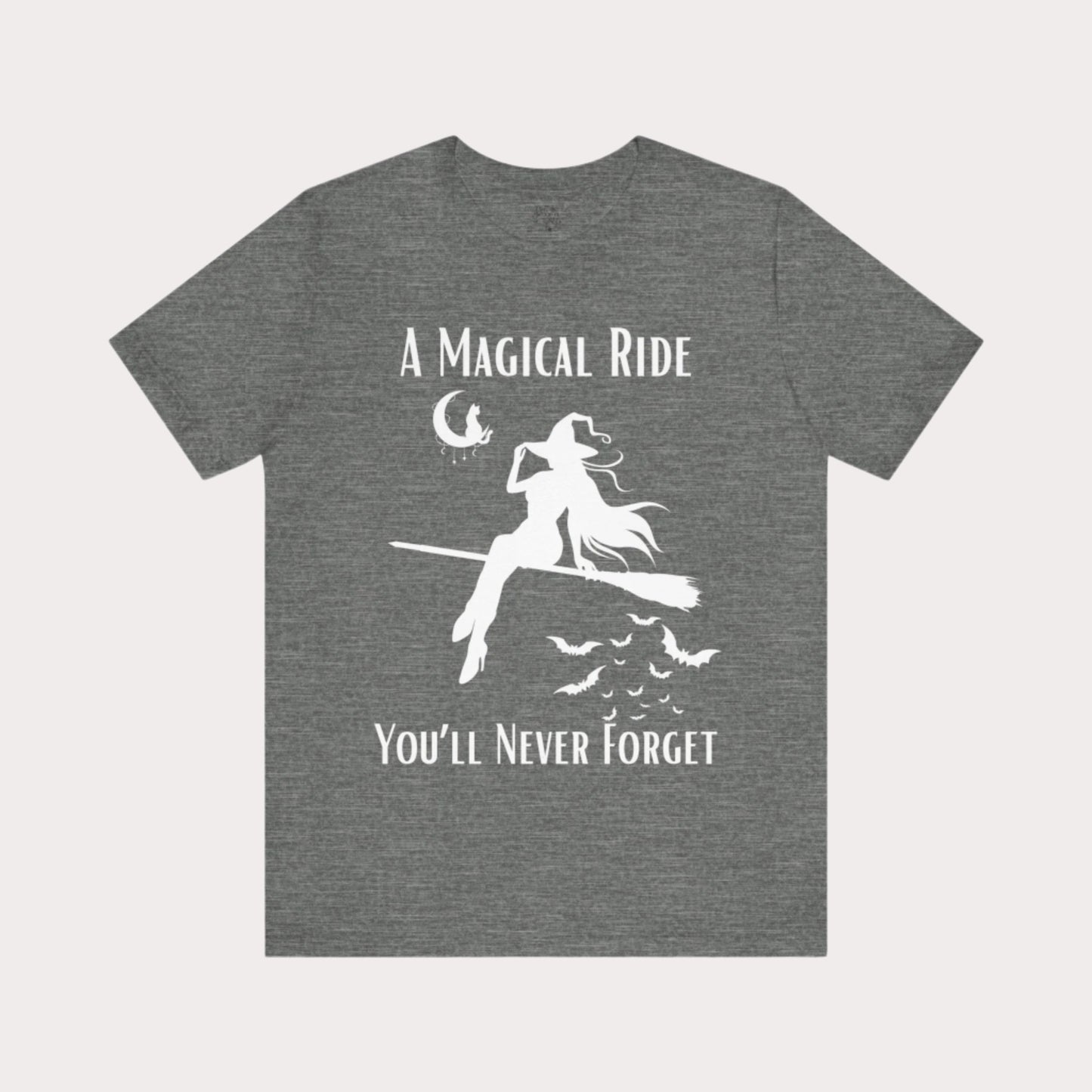 'A Magical Ride You'll Never Forget' Witch Flying Broom White Silhouette & Text Graphic T-Shirt