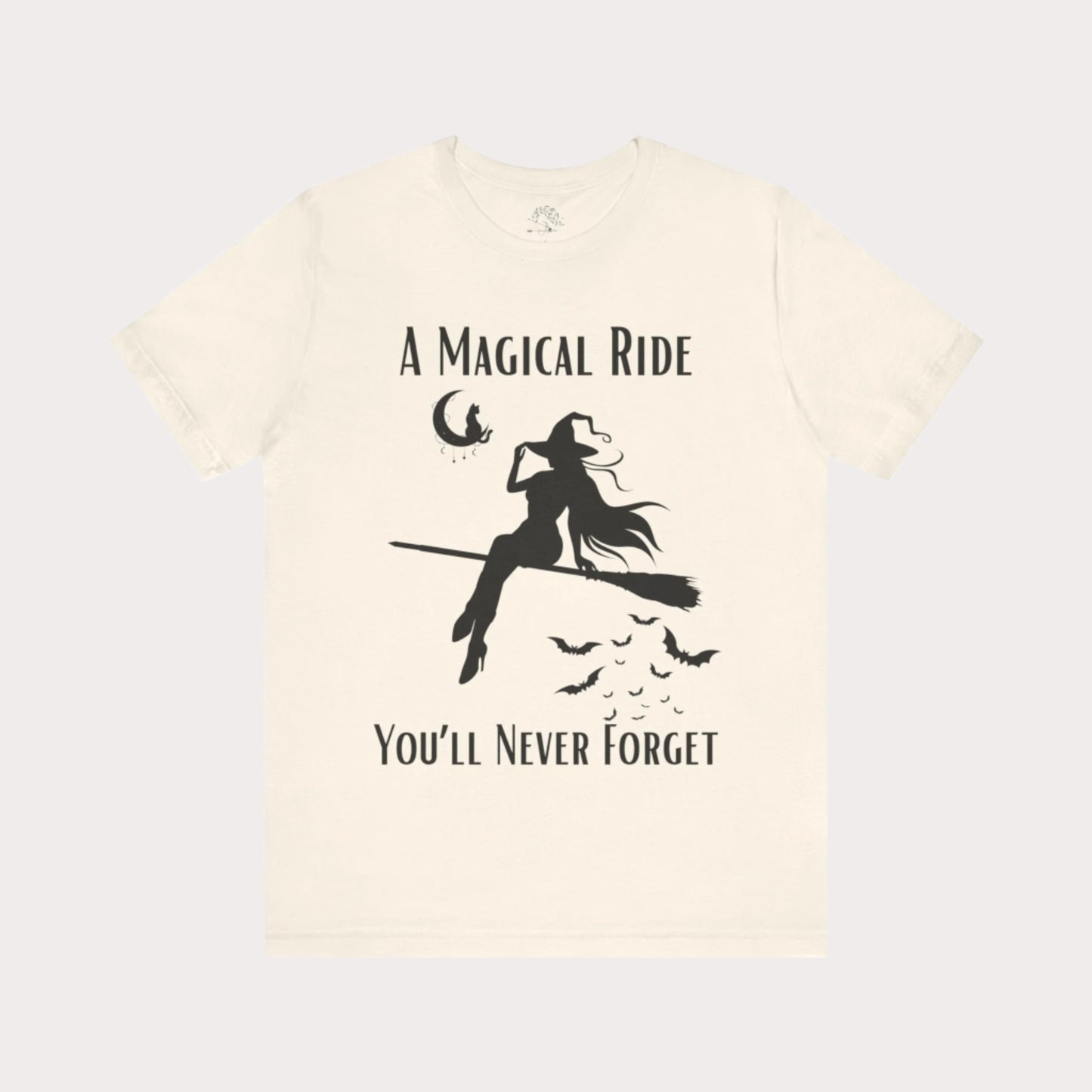 'A Magical Ride You'll Never Forget' Witch Flying Broom Black Silhouette & Text Graphic T-Shirt