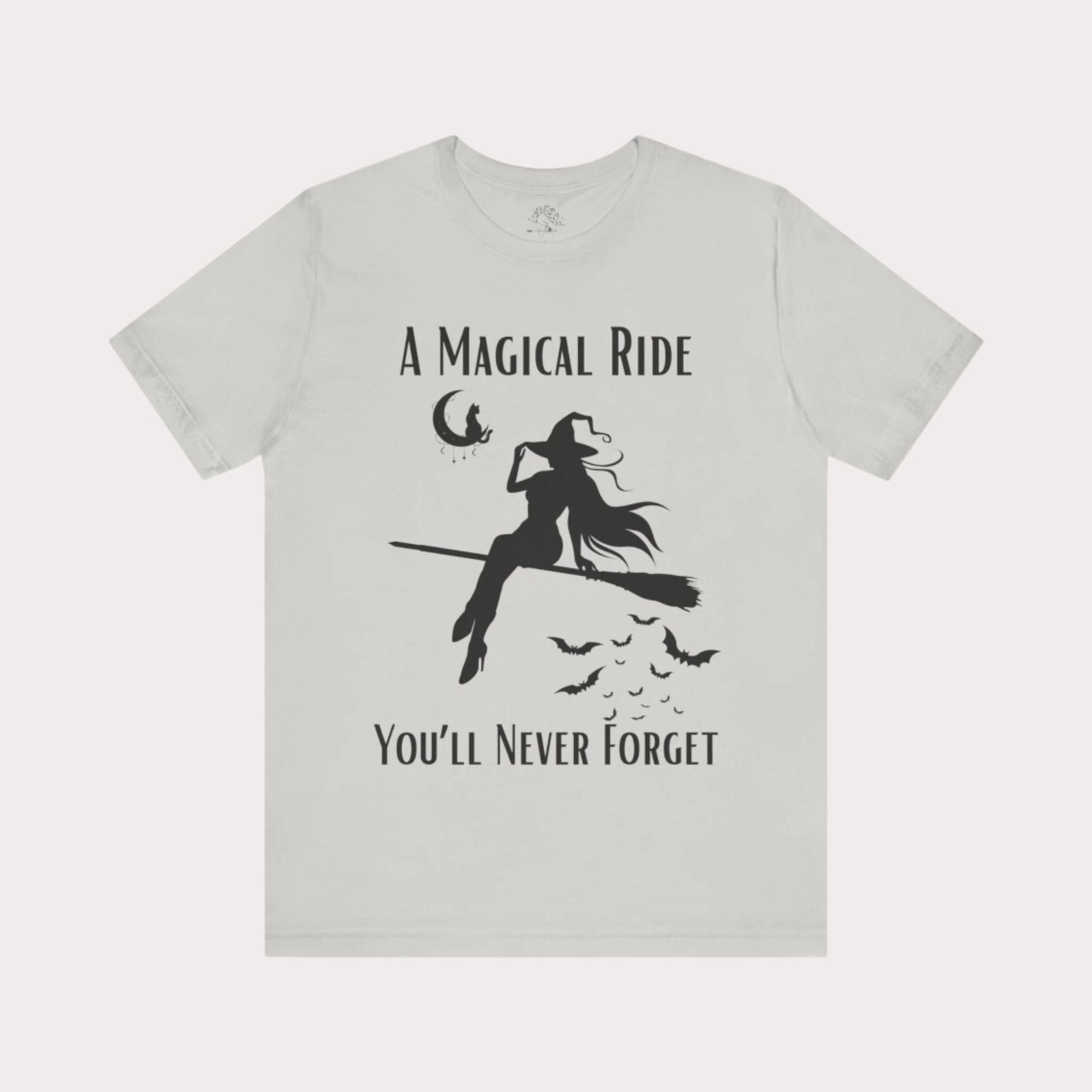 'A Magical Ride You'll Never Forget' Witch Flying Broom Black Silhouette & Text Graphic T-Shirt