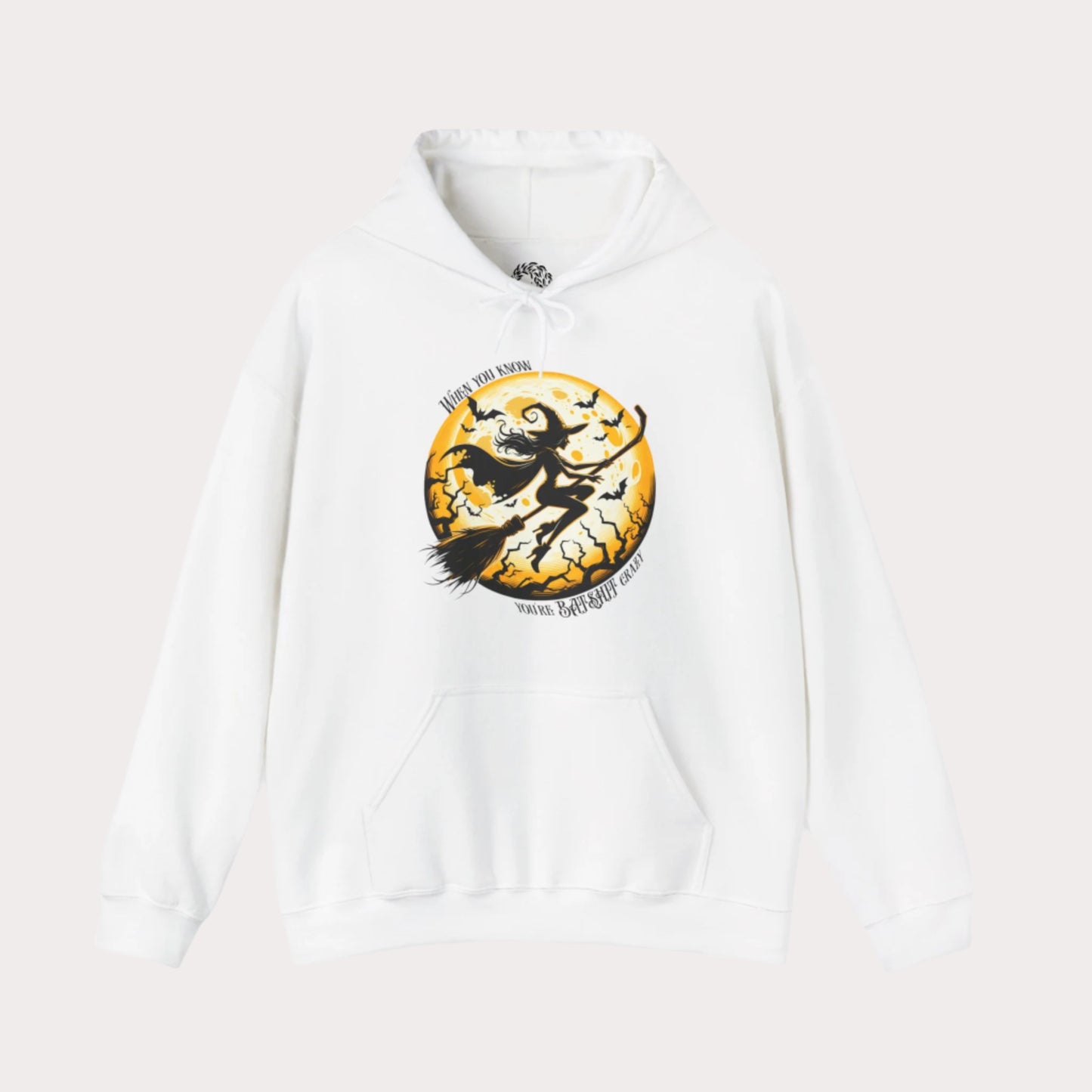 'When You Know You're Batshit Crazy' Flying Witch Graphic Unisex Heavy Blend™ Hooded Sweatshirt