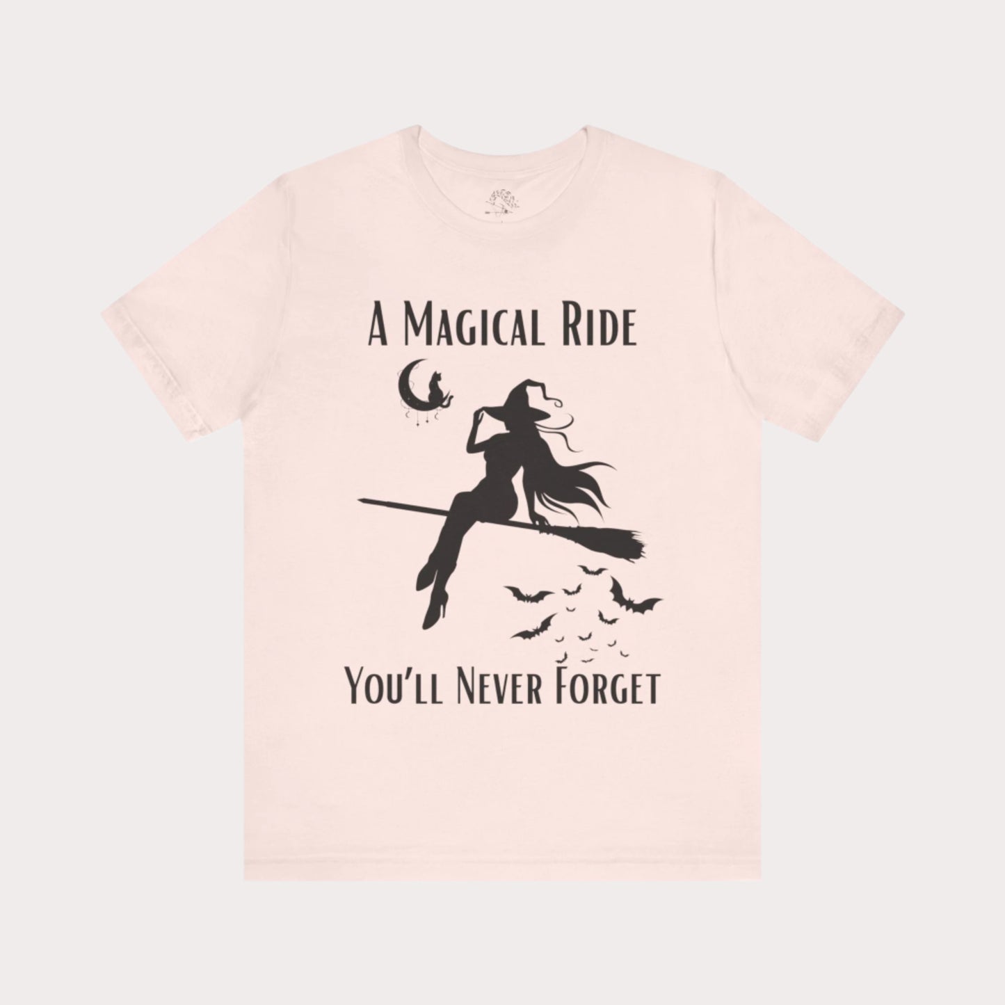 'A Magical Ride You'll Never Forget' Witch Flying Broom Black Silhouette & Text Graphic T-Shirt