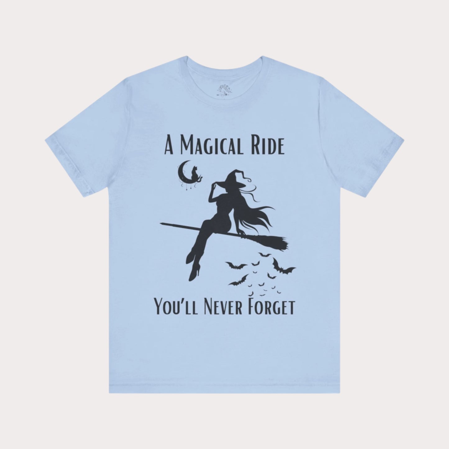 'A Magical Ride You'll Never Forget' Witch Flying Broom Black Silhouette & Text Graphic T-Shirt