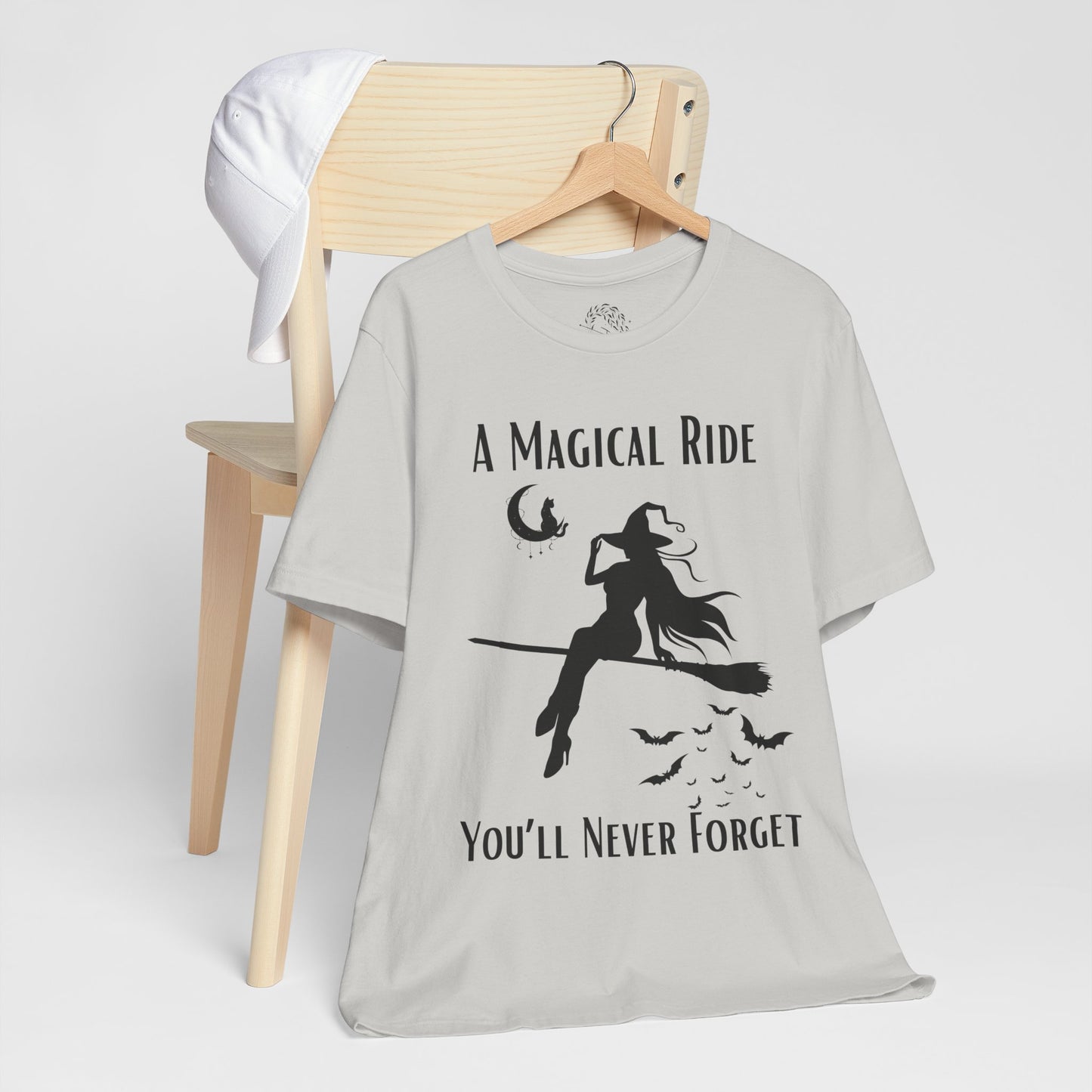 'A Magical Ride You'll Never Forget' Witch Flying Broom Black Silhouette & Text Graphic T-Shirt
