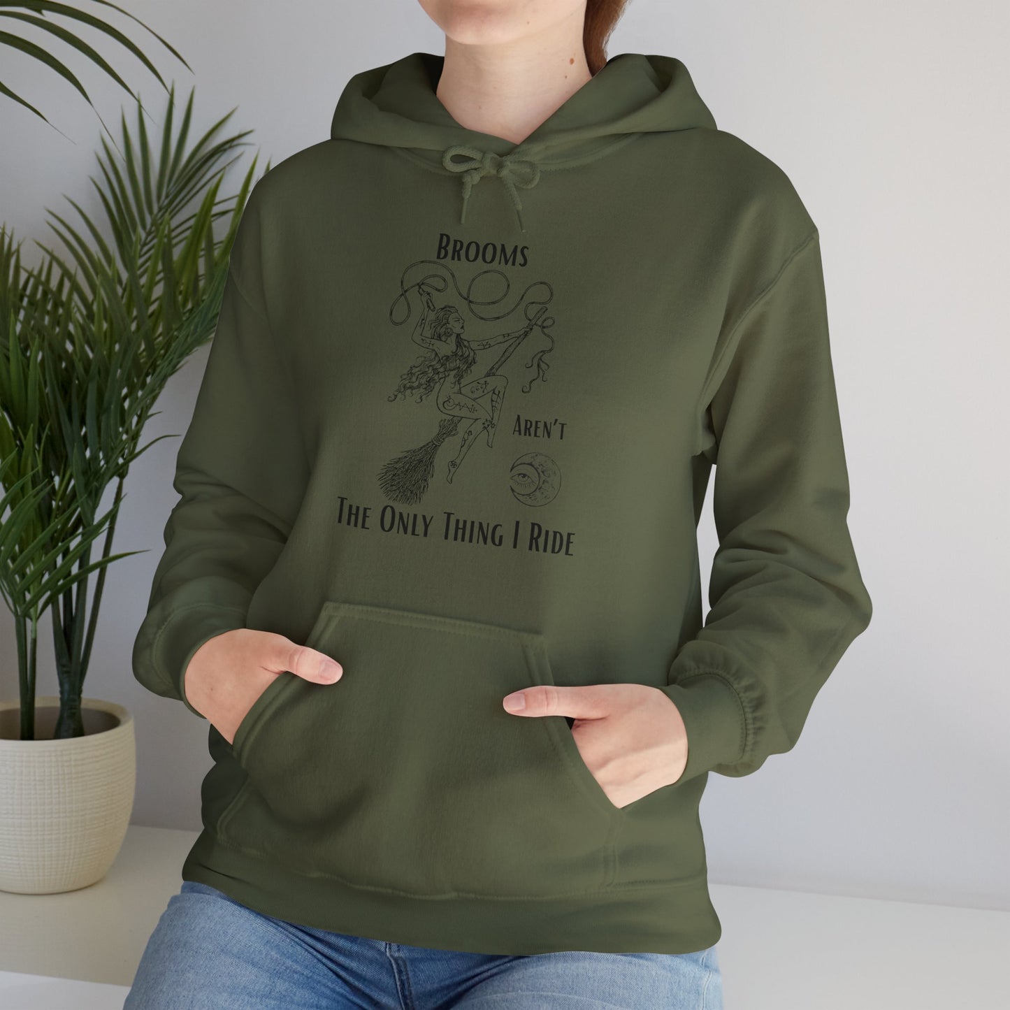 'Brooms Aren't The Only Think I Ride' Flying Witch on a Broom Graphic Unisex Heavy Blend™ Hooded Sweatshirt