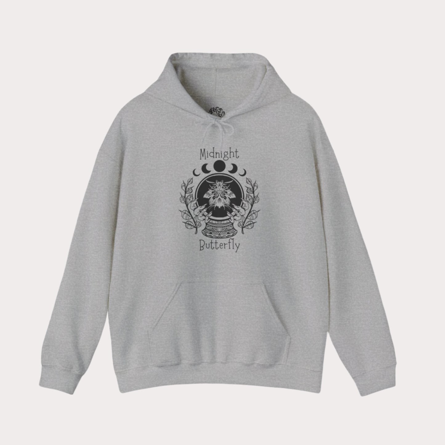 'Midnight Butterfly' Unisex Heavy Blend™ Hooded Sweatshirt - Moon Phase Moth Crystal Ball Casual Wear Hoodie