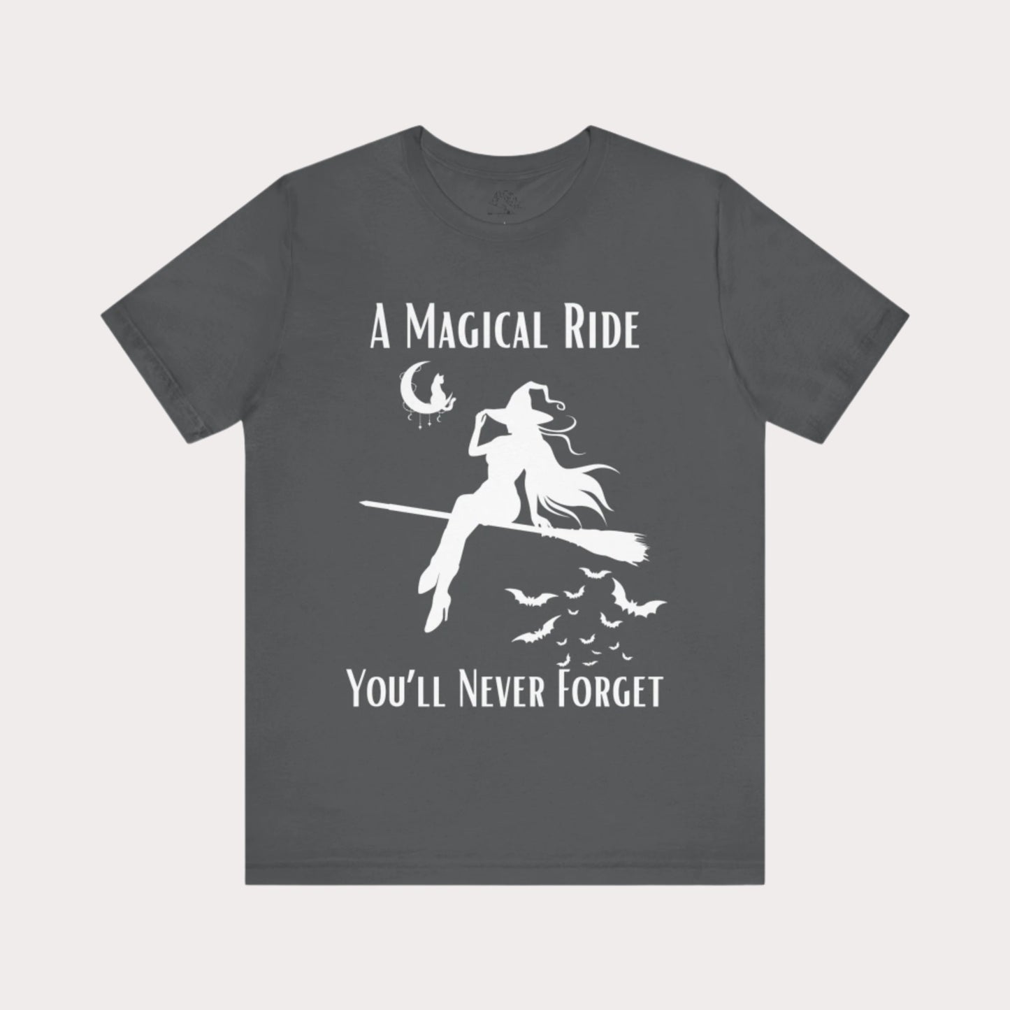 'A Magical Ride You'll Never Forget' Witch Flying Broom White Silhouette & Text Graphic T-Shirt