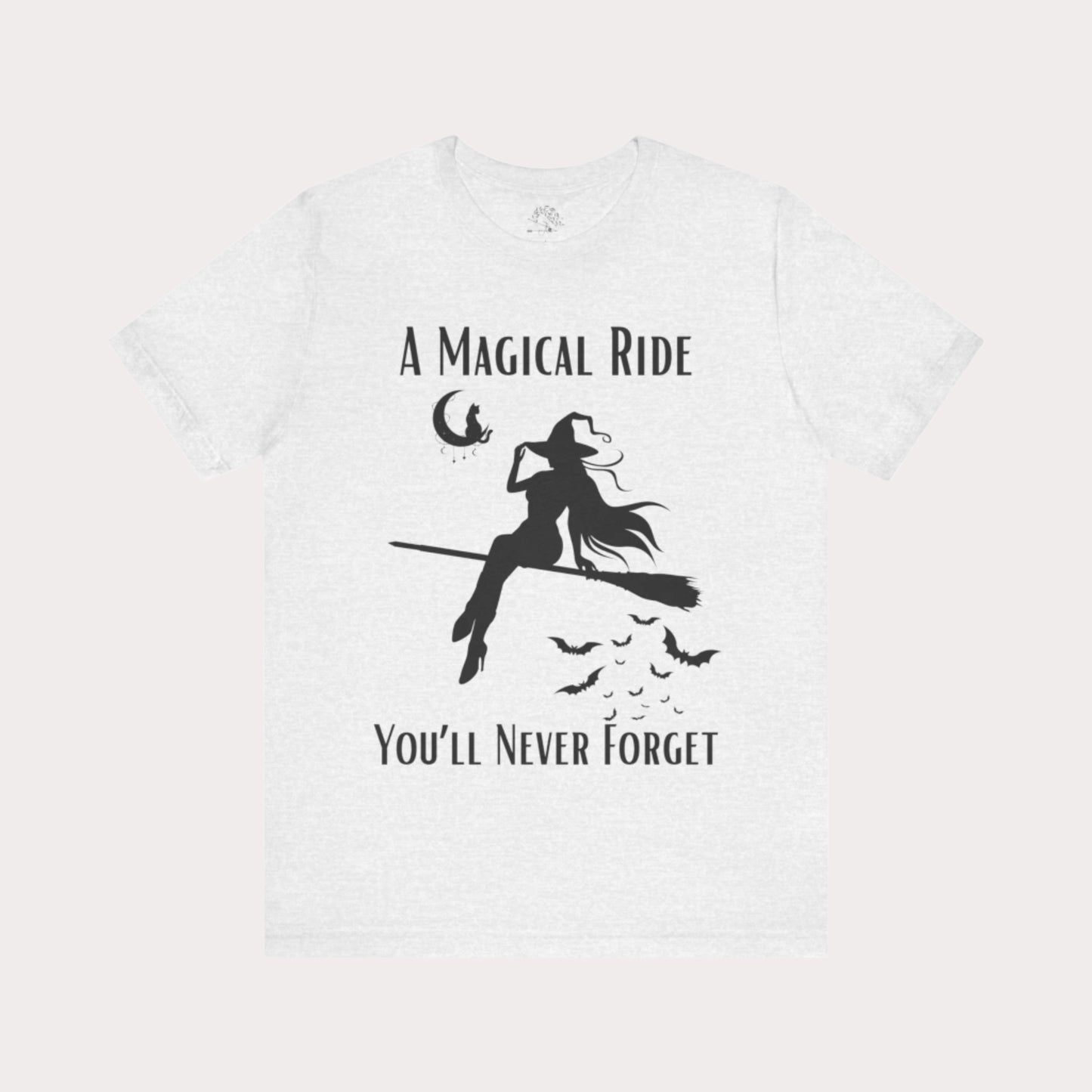 'A Magical Ride You'll Never Forget' Witch Flying Broom Black Silhouette & Text Graphic T-Shirt