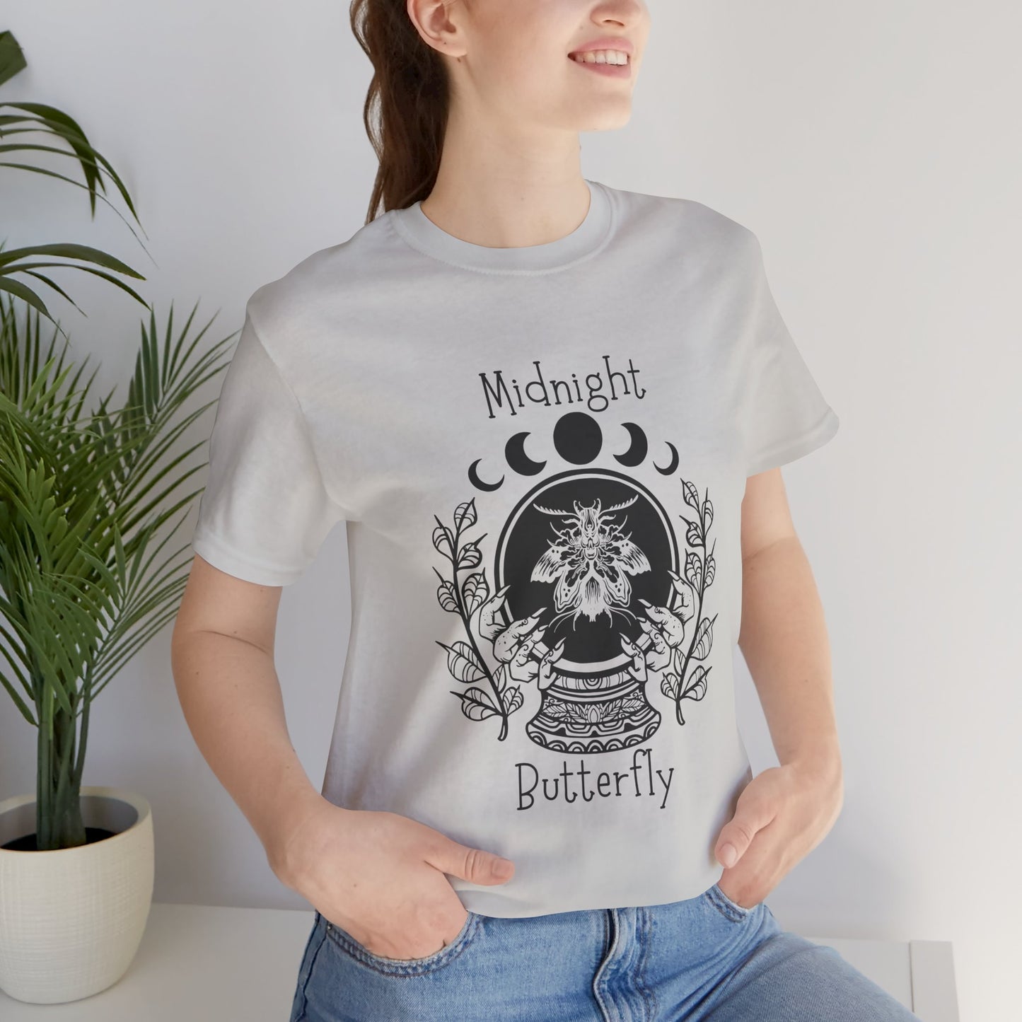 'Midnight Butterfly' Unisex Short Sleeve Moon Phase Moth Crystal Ball Casual Wear T-Shirt