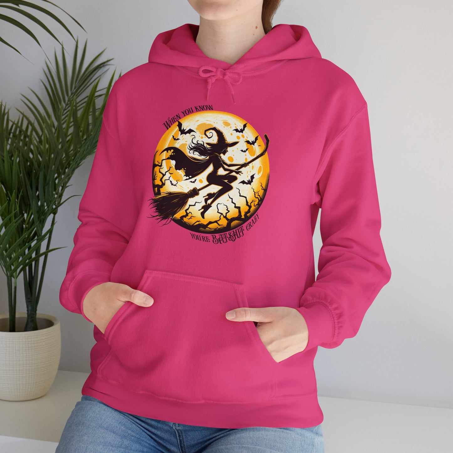 'When You Know You're Batshit Crazy' Flying Witch Graphic Unisex Heavy Blend™ Hooded Sweatshirt