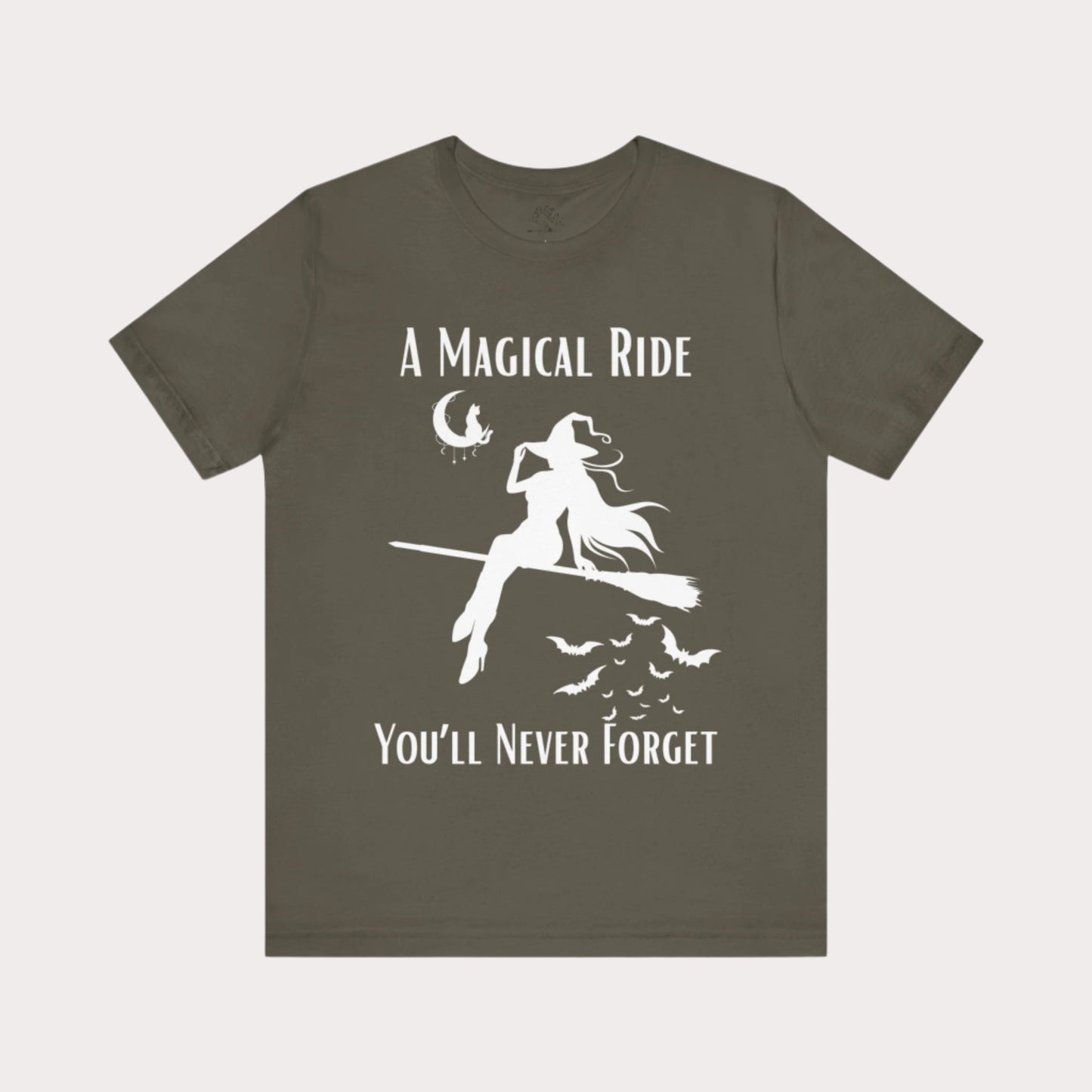 'A Magical Ride You'll Never Forget' Witch Flying Broom White Silhouette & Text Graphic T-Shirt