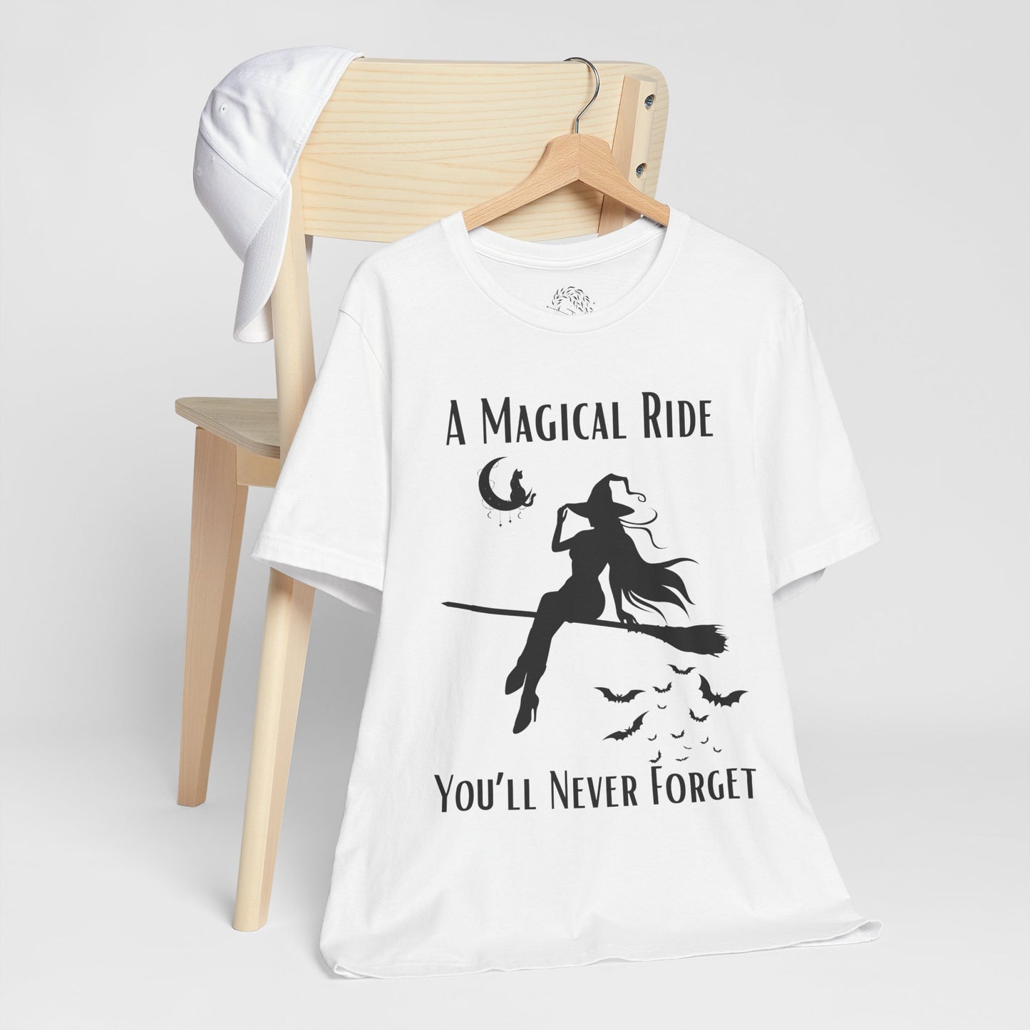'A Magical Ride You'll Never Forget' Witch Flying Broom Black Silhouette & Text Graphic T-Shirt