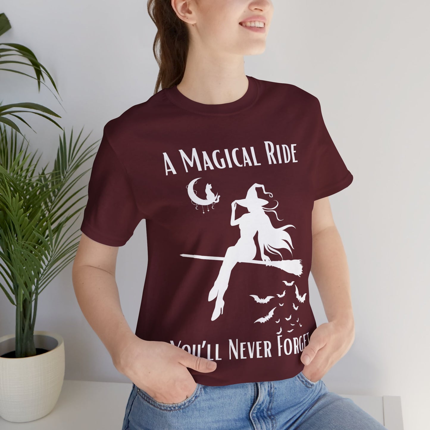 'A Magical Ride You'll Never Forget' Witch Flying Broom White Silhouette & Text Graphic T-Shirt