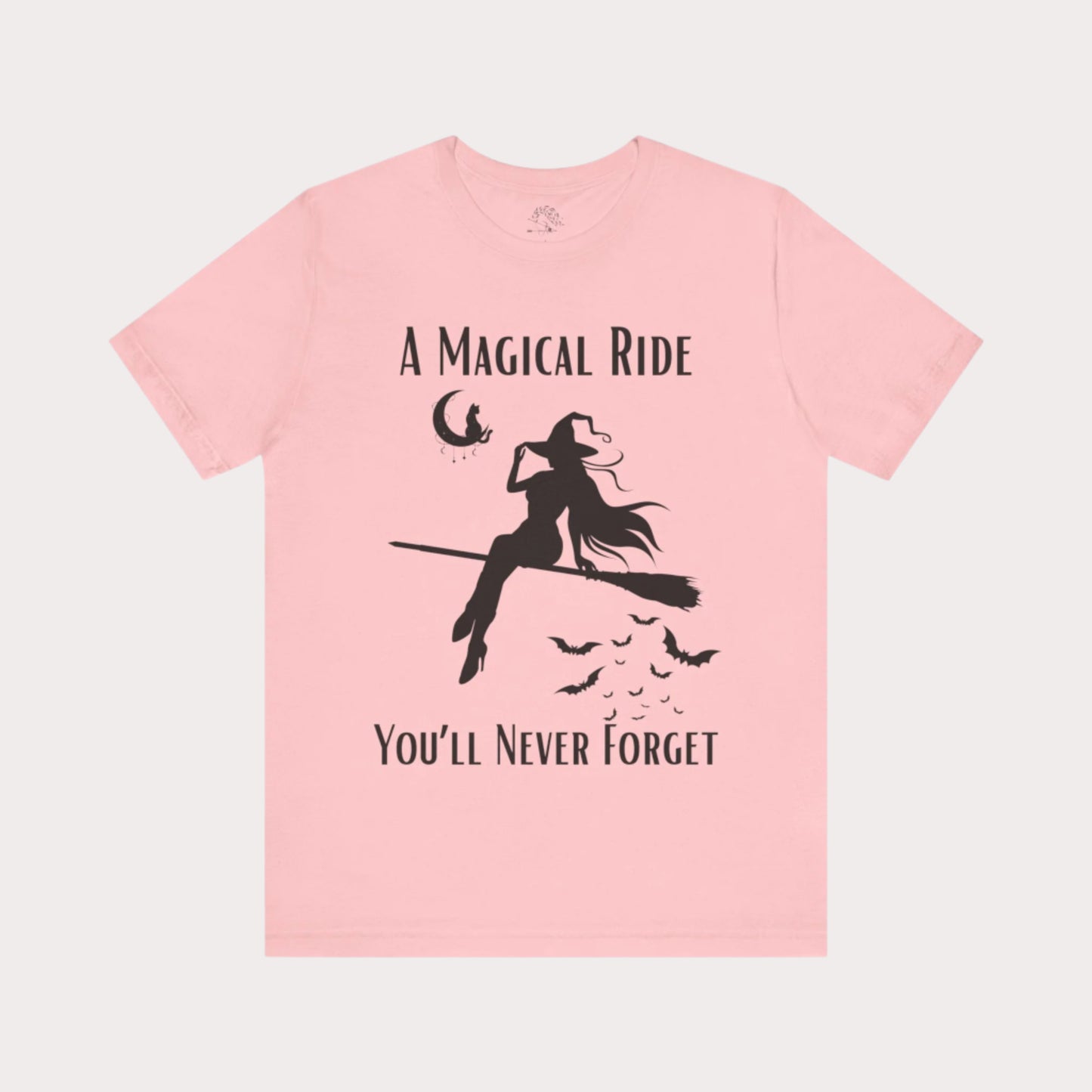 'A Magical Ride You'll Never Forget' Witch Flying Broom Black Silhouette & Text Graphic T-Shirt