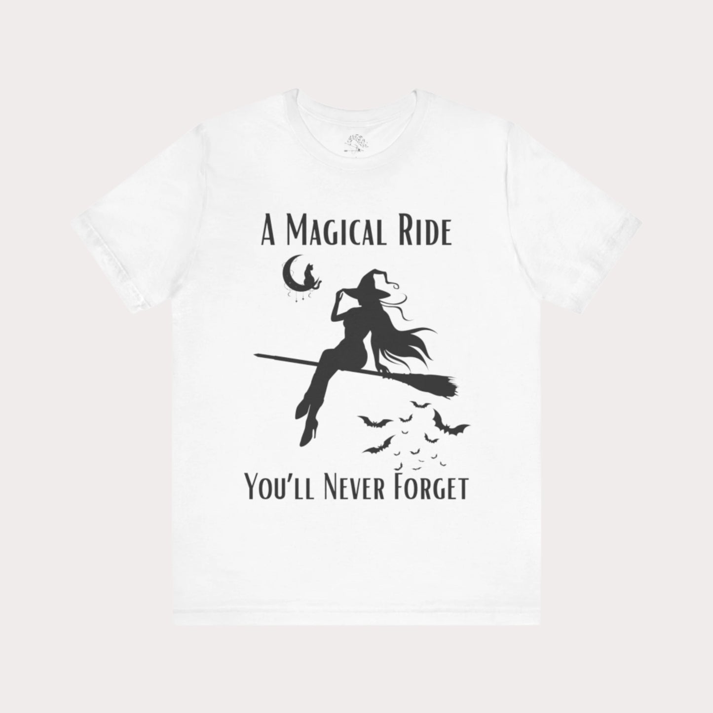 'A Magical Ride You'll Never Forget' Witch Flying Broom Black Silhouette & Text Graphic T-Shirt