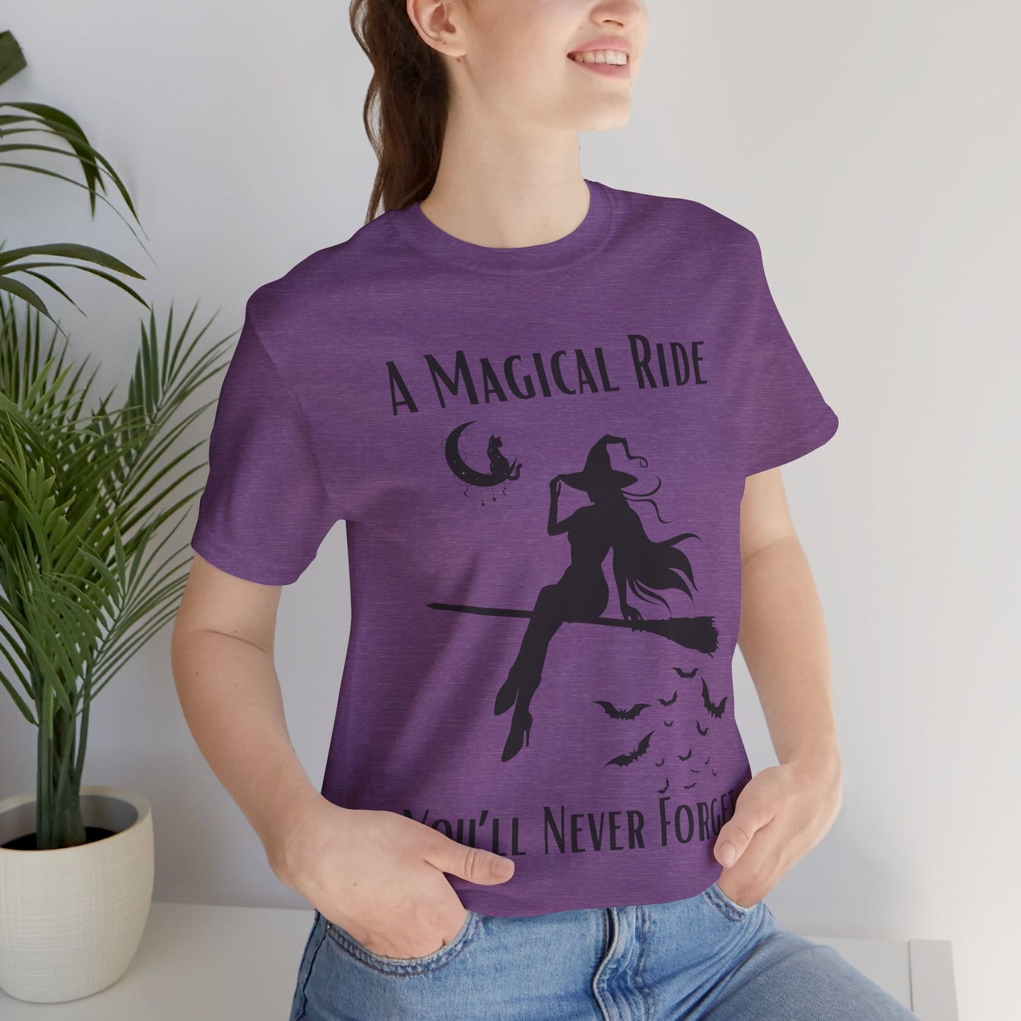 'A Magical Ride You'll Never Forget' Witch Flying Broom Black Silhouette & Text Graphic T-Shirt