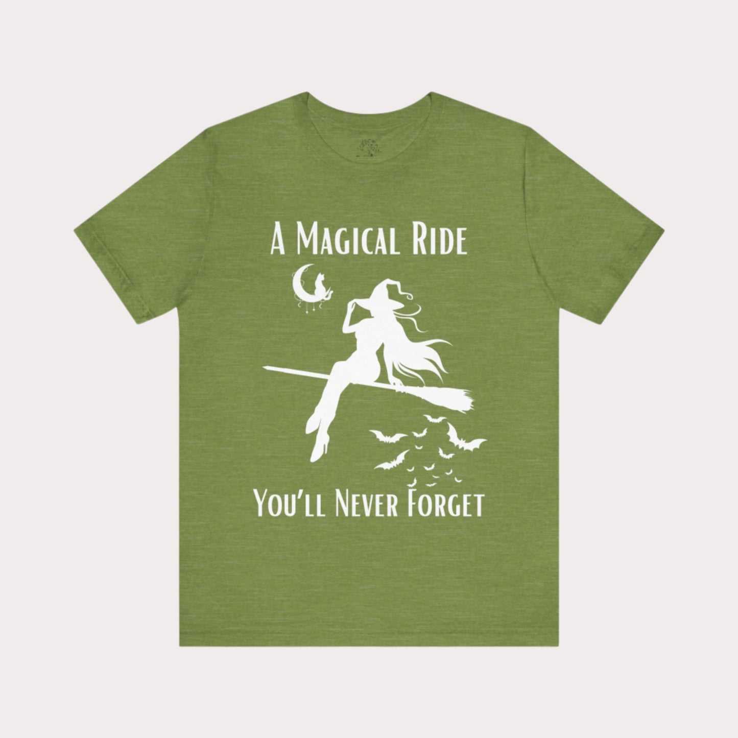 'A Magical Ride You'll Never Forget' Witch Flying Broom White Silhouette & Text Graphic T-Shirt