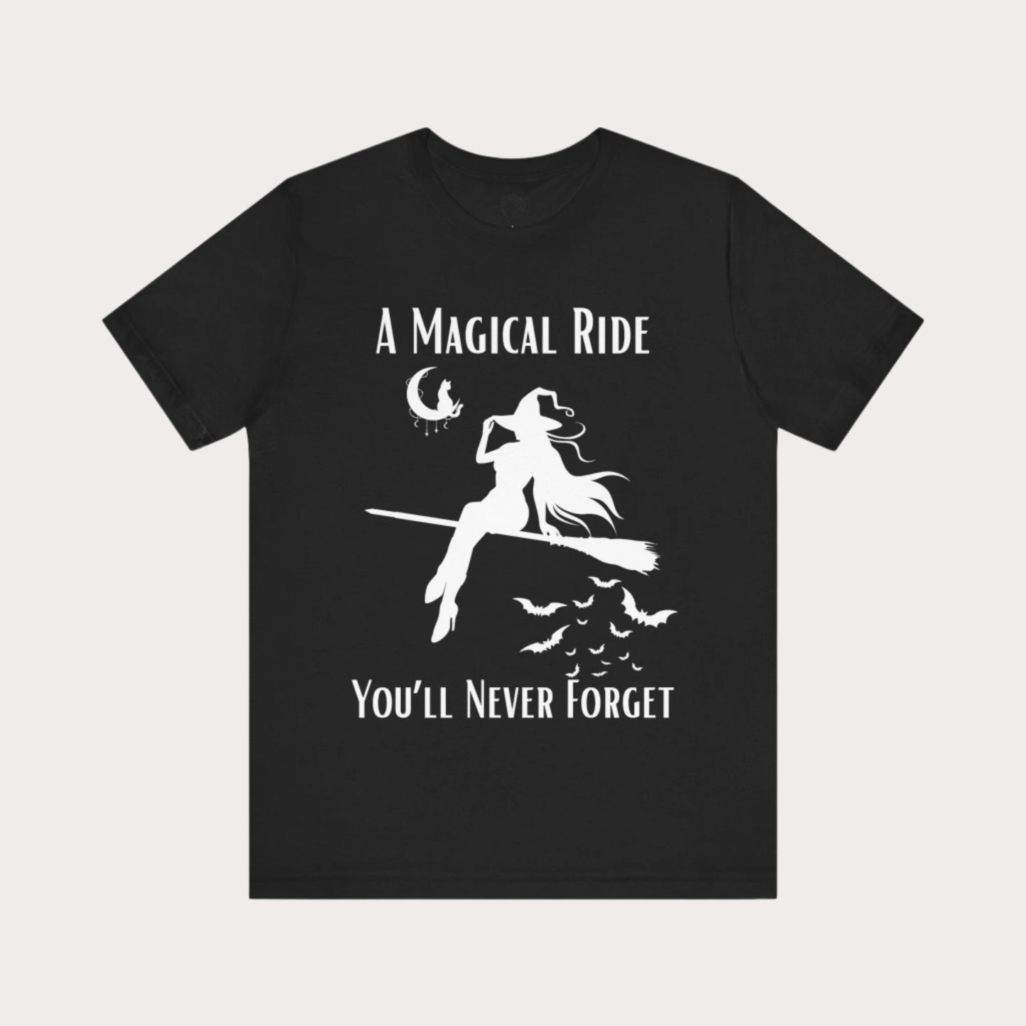 'A Magical Ride You'll Never Forget' Witch Flying Broom White Silhouette & Text Graphic T-Shirt