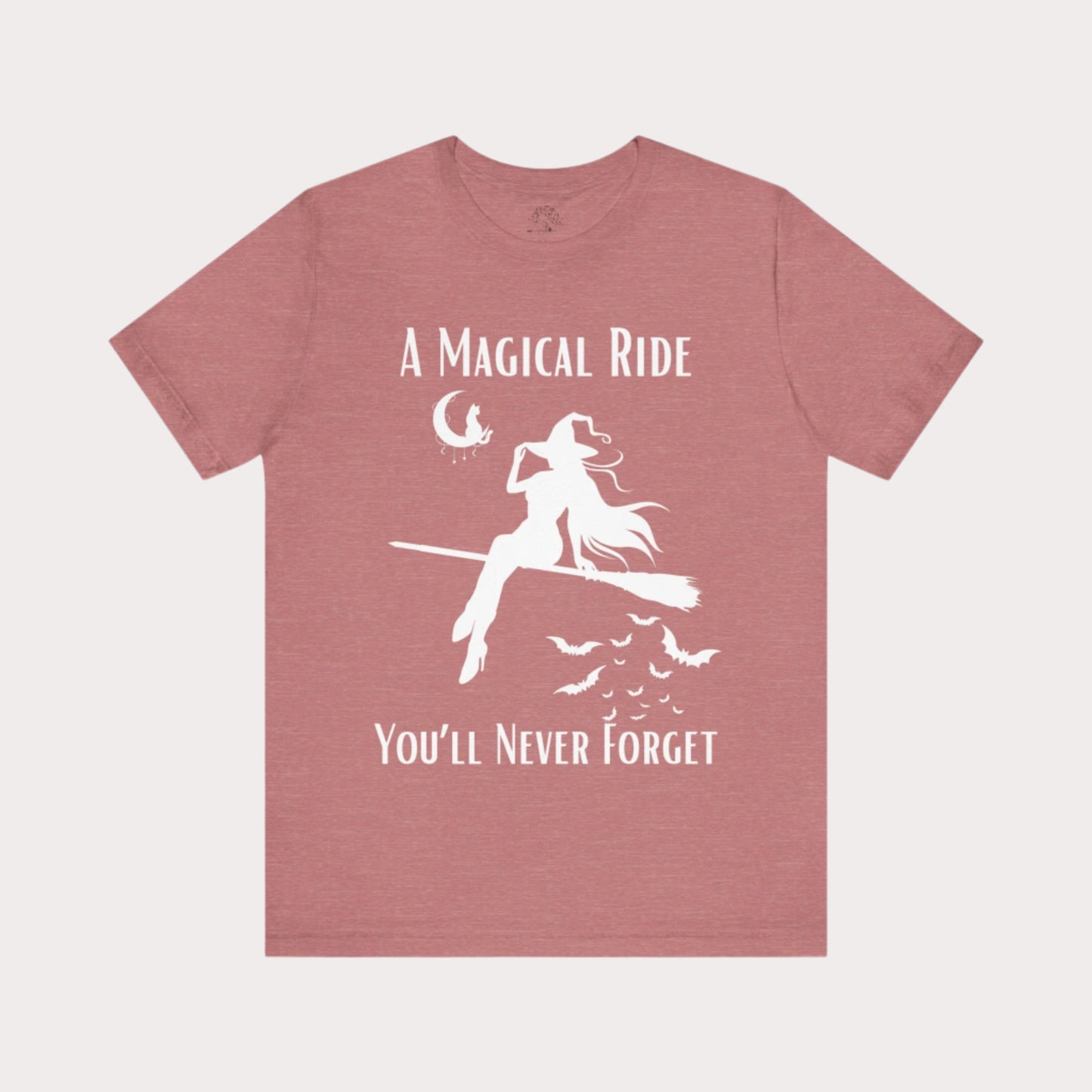 'A Magical Ride You'll Never Forget' Witch Flying Broom White Silhouette & Text Graphic T-Shirt
