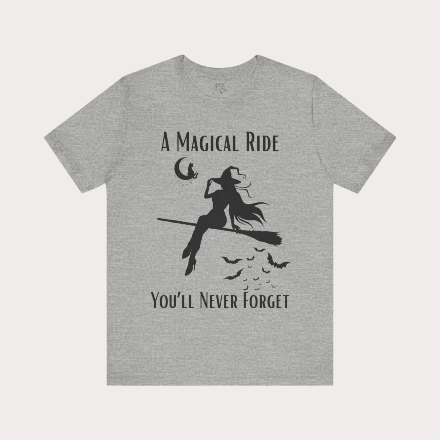 'A Magical Ride You'll Never Forget' Witch Flying Broom Black Silhouette & Text Graphic T-Shirt