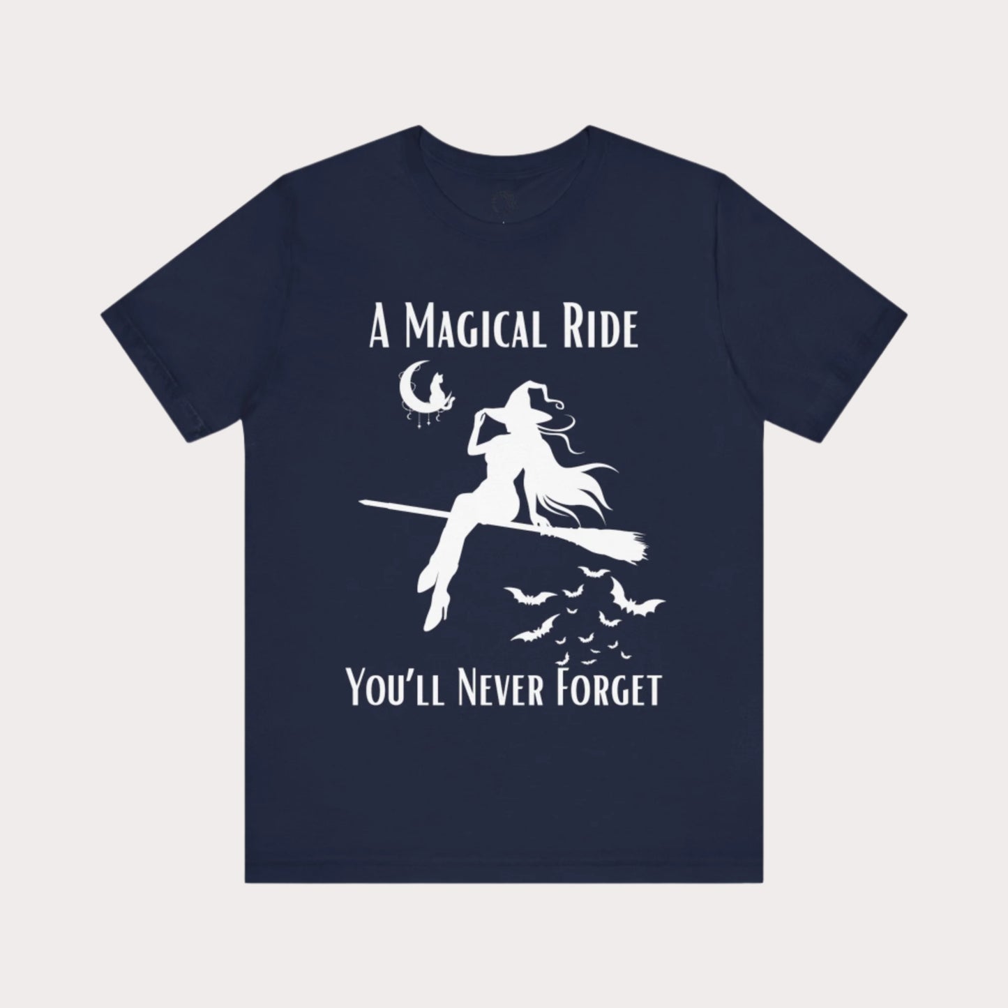 'A Magical Ride You'll Never Forget' Witch Flying Broom White Silhouette & Text Graphic T-Shirt
