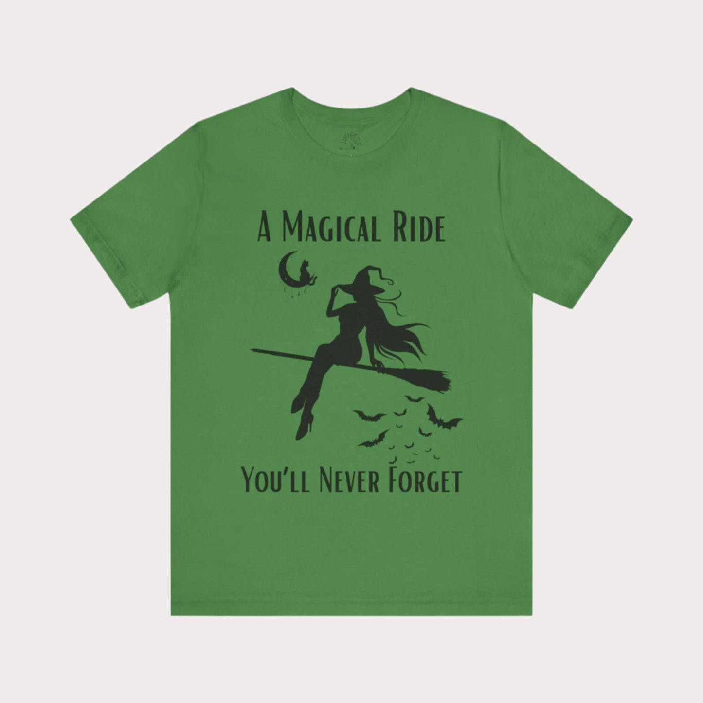 'A Magical Ride You'll Never Forget' Witch Flying Broom Black Silhouette & Text Graphic T-Shirt