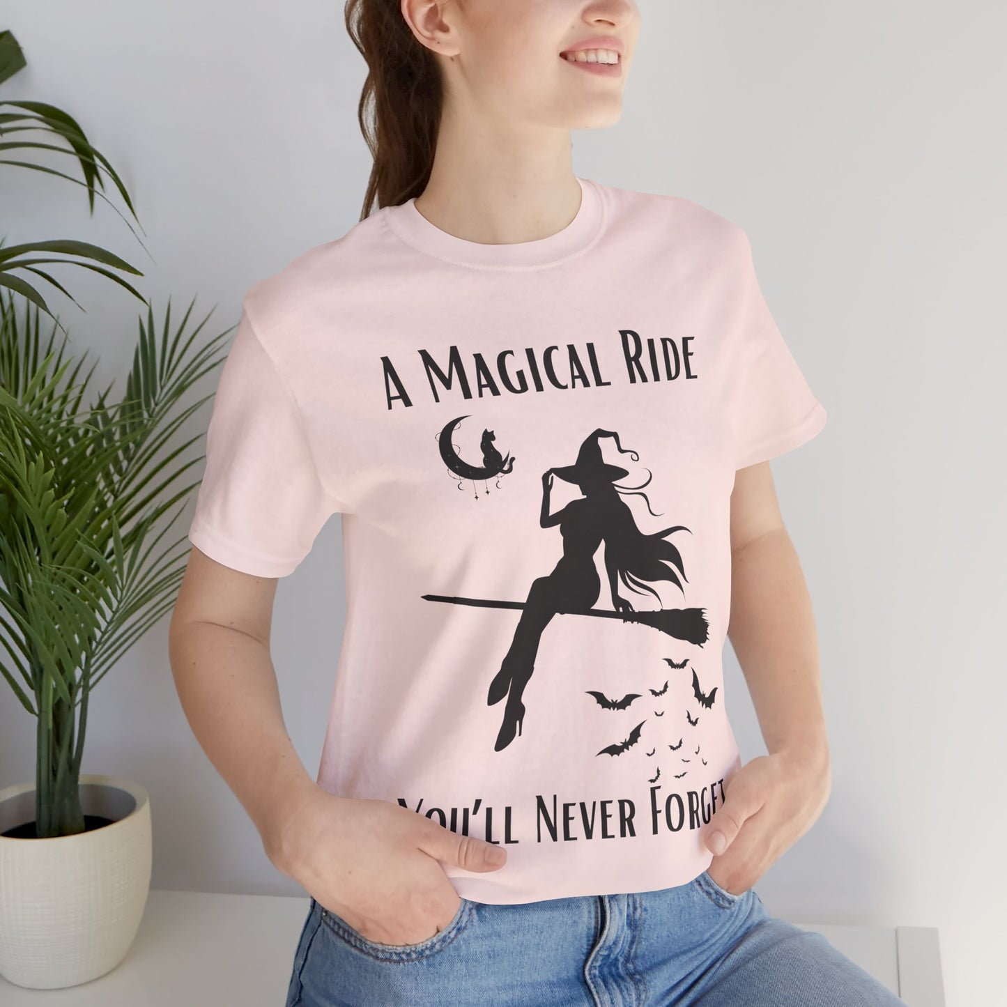 'A Magical Ride You'll Never Forget' Witch Flying Broom Black Silhouette & Text Graphic T-Shirt