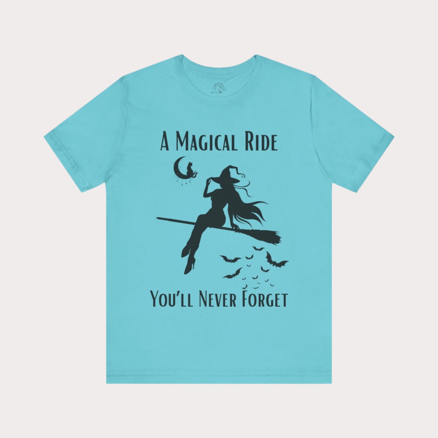 'A Magical Ride You'll Never Forget' Witch Flying Broom Black Silhouette & Text Graphic T-Shirt