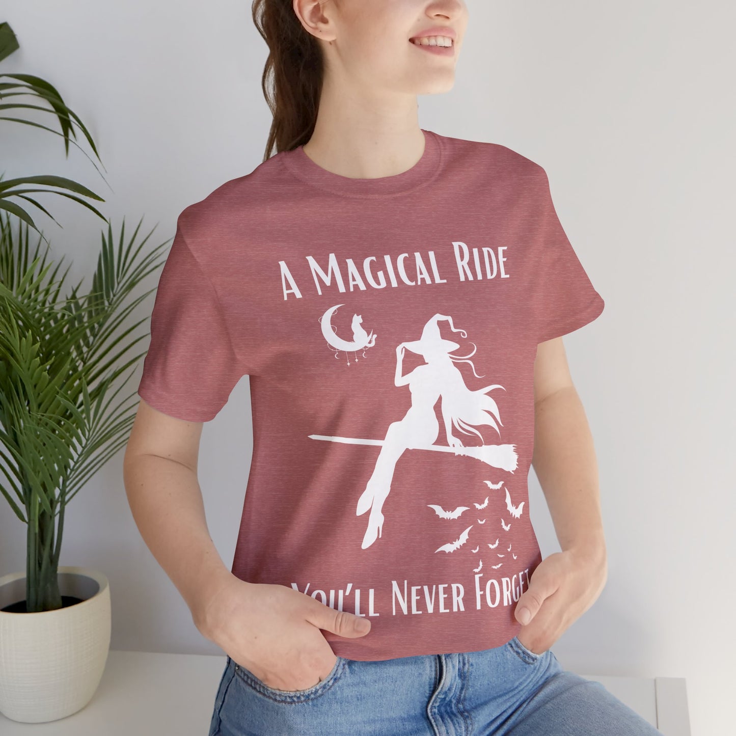 'A Magical Ride You'll Never Forget' Witch Flying Broom White Silhouette & Text Graphic T-Shirt