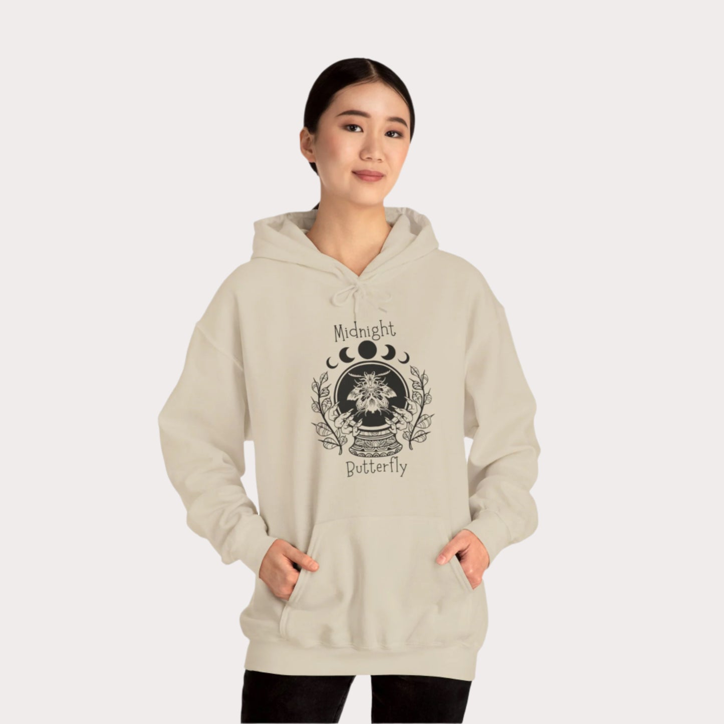 'Midnight Butterfly' Unisex Heavy Blend™ Hooded Sweatshirt - Moon Phase Moth Crystal Ball Casual Wear Hoodie