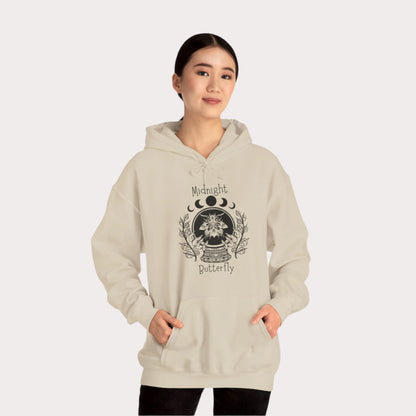 'Midnight Butterfly' Unisex Heavy Blend™ Hooded Sweatshirt - Moon Phase Moth Crystal Ball Casual Wear Hoodie