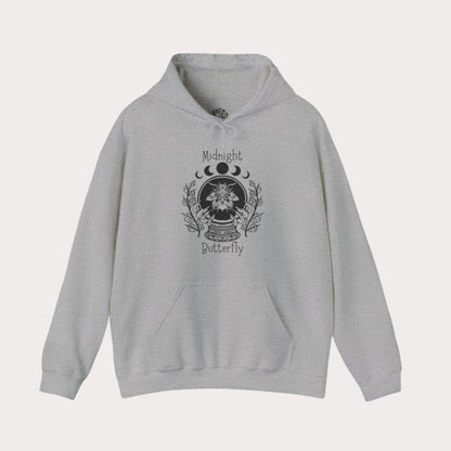 'Midnight Butterfly' Unisex Heavy Blend™ Hooded Sweatshirt - Moon Phase Moth Crystal Ball Casual Wear Hoodie