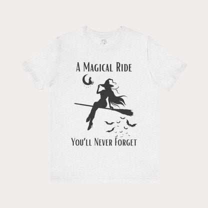 'A Magical Ride You'll Never Forget' Witch Flying Broom Black Silhouette & Text Graphic T-Shirt