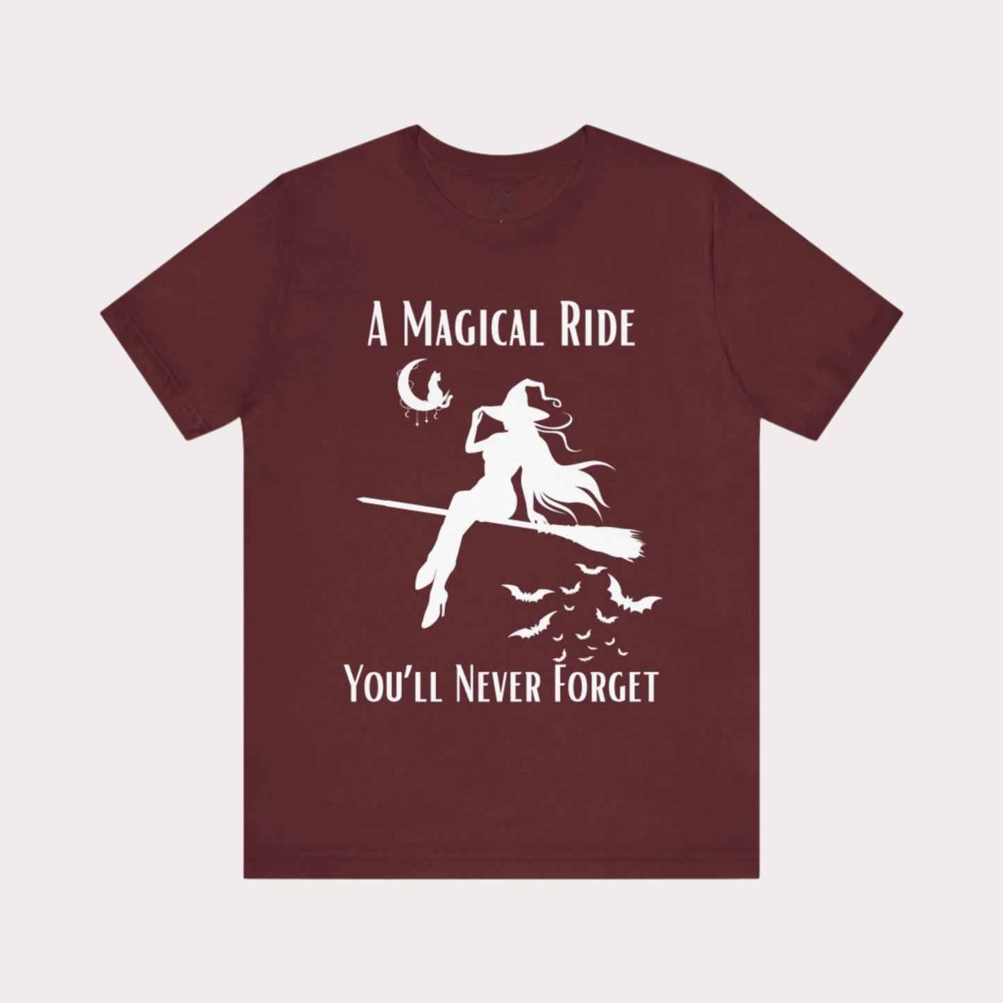 'A Magical Ride You'll Never Forget' Witch Flying Broom White Silhouette & Text Graphic T-Shirt