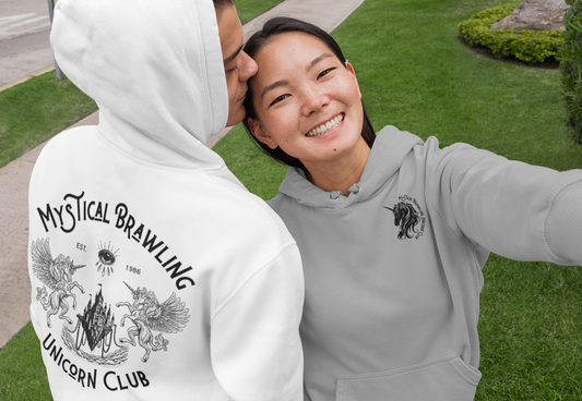 Mystical Brawling Unicorn Club 🦄 Unisex Hooded Sweatshirt -Front and Back Logo & Emblem Print Legendary Guardians of Magic Vintage Graphic Hoodie