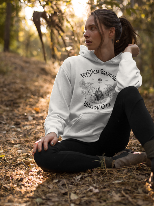 Mystical Brawling Unicorn Club 🦄 Unisex Hooded Sweatshirt - Front Emblem Print Legendary Guardians of Magic Vintage Graphic Hoodie