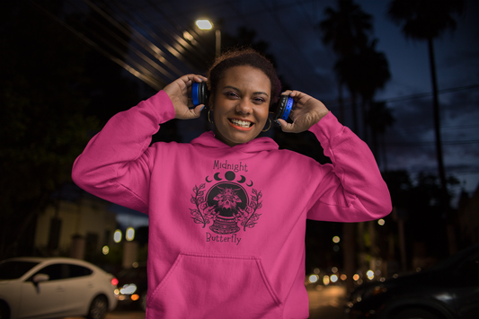 'Midnight Butterfly' Unisex Heavy Blend™ Hooded Sweatshirt - Moon Phase Moth Crystal Ball Casual Wear Hoodie