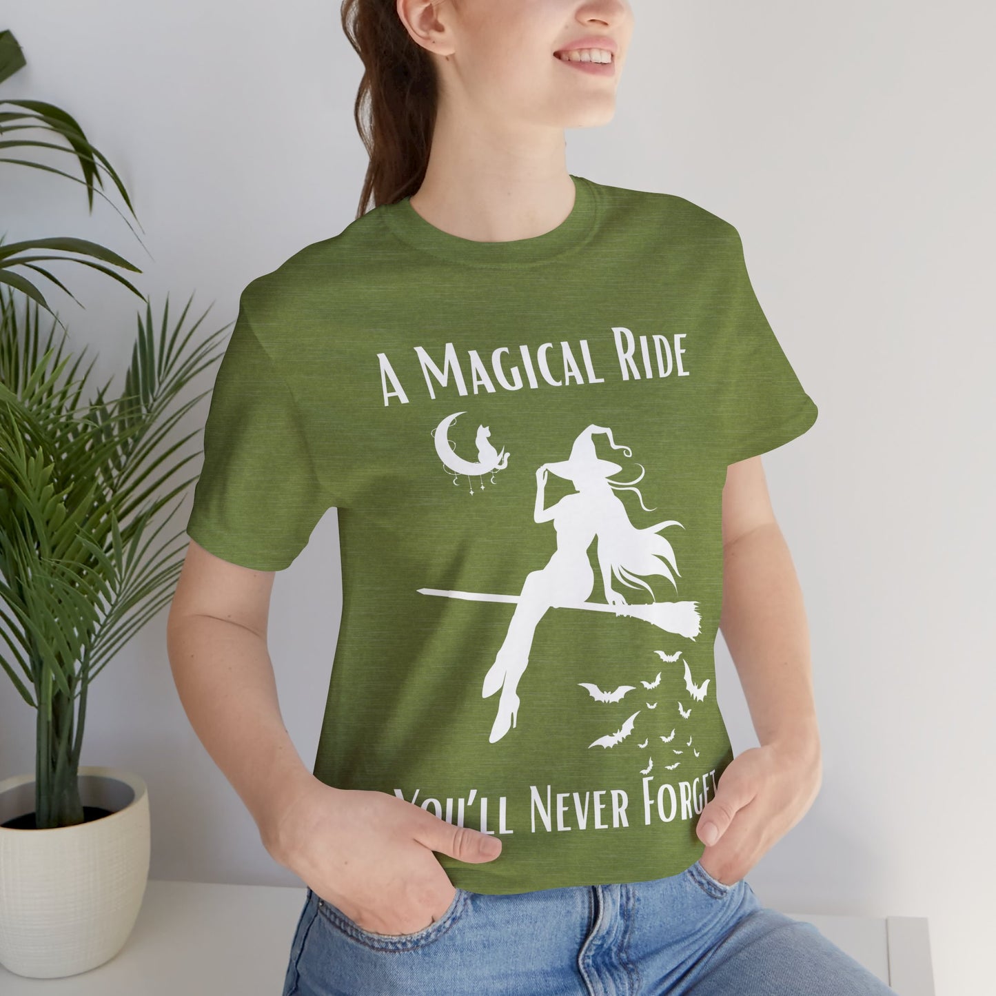 'A Magical Ride You'll Never Forget' Witch Flying Broom White Silhouette & Text Graphic T-Shirt
