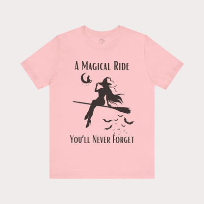 'A Magical Ride You'll Never Forget' Witch Flying Broom Black Silhouette & Text Graphic T-Shirt