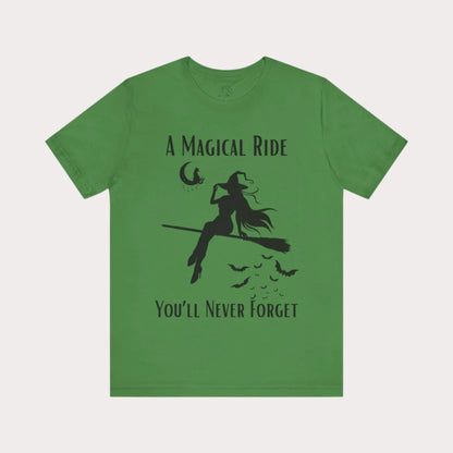 'A Magical Ride You'll Never Forget' Witch Flying Broom Black Silhouette & Text Graphic T-Shirt