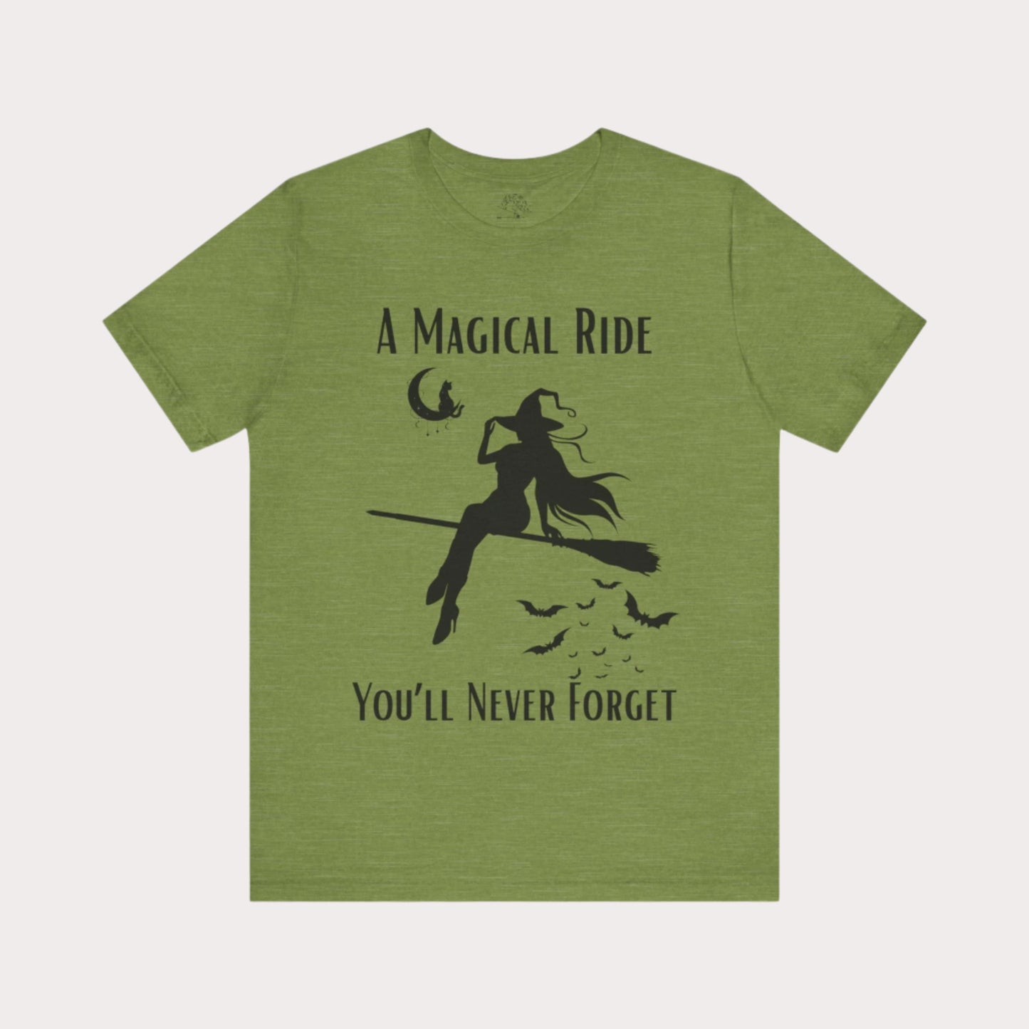 'A Magical Ride You'll Never Forget' Witch Flying Broom Black Silhouette & Text Graphic T-Shirt